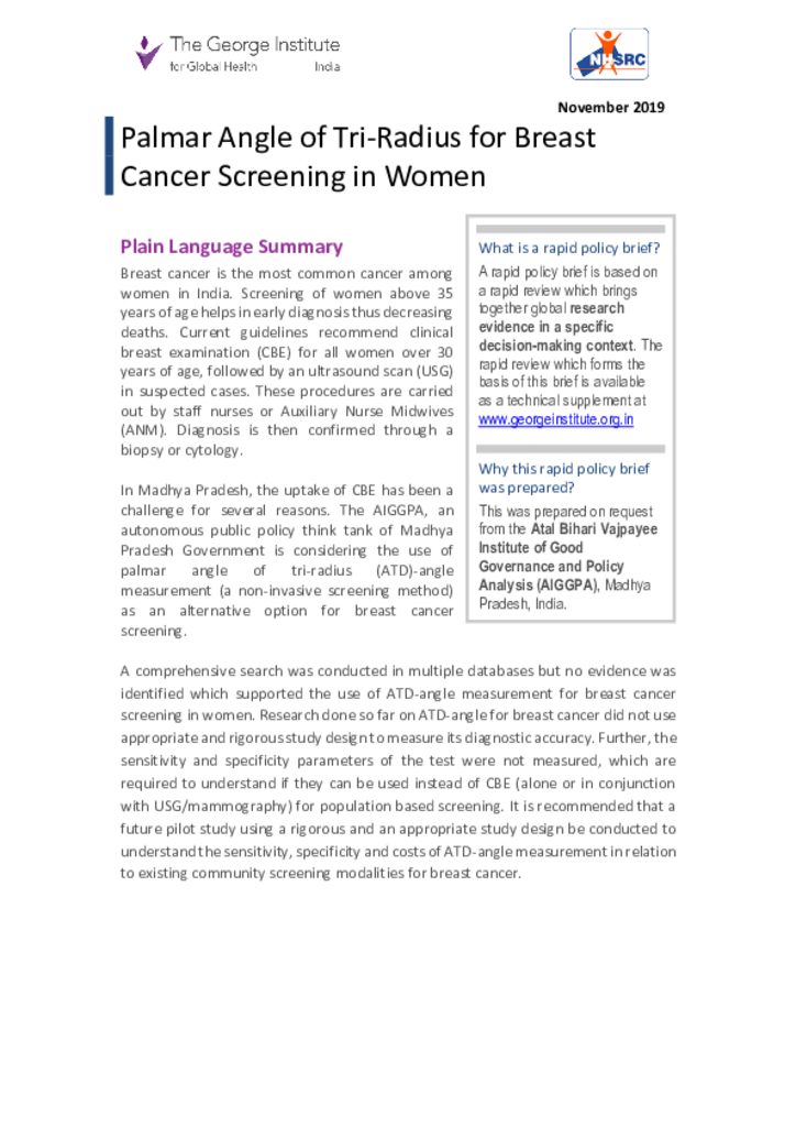 Rapid evidence synthesis (RES) on palmer angle tri-radius for breast cancer screening in women - Policy biref