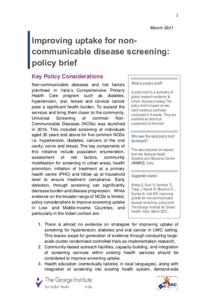 Improving uptake for non-communicable disease screening: policy brief