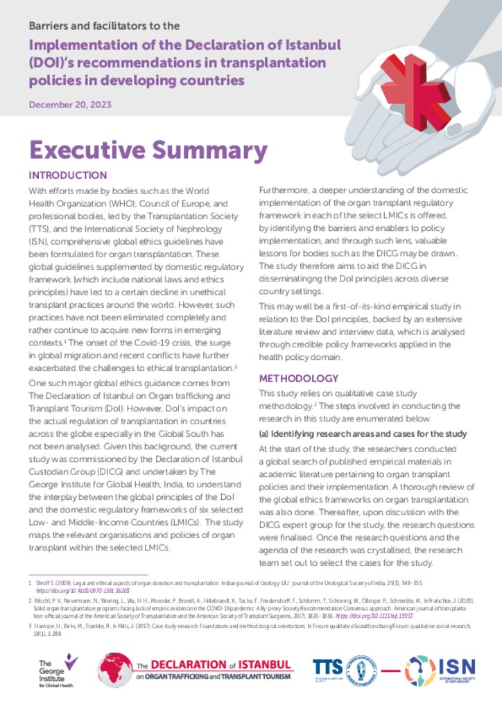 Implementation of the Declaration of Istanbul (DOI)’s recommendations in transplantation policies executive summary