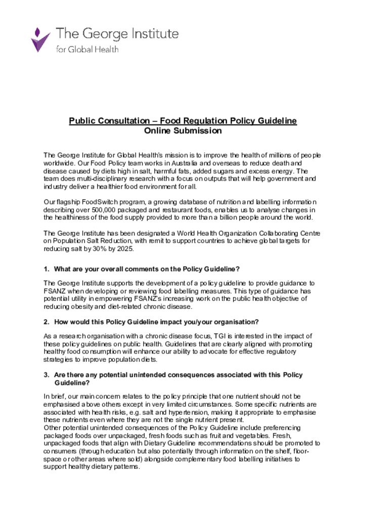 Public Consultation – Food Regulation Policy Guideline Online Submission